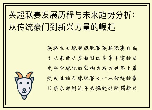 英超联赛发展历程与未来趋势分析:从传统豪门到新兴力量的崛起 英超联赛发展历程与未来趋势分析:从传统豪门到新兴力量的崛起