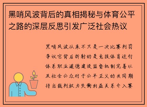 黑哨风波背后的真相揭秘与体育公平之路的深层反思引发广泛社会热议